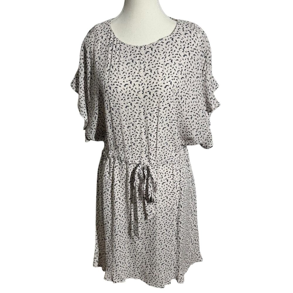 Rag‎ Poets Mini Dress Women M White Navy Speck Short Sleeve Ruffle Viscose Blend